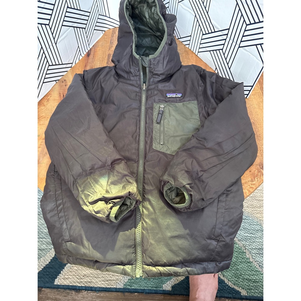 Patagonia Kids Reversible Hooded Puffer Jacket Brown Olive Green Full Zip